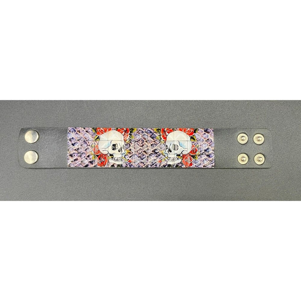 Skull and Roses Studded Faux Leather Snap Bracelet